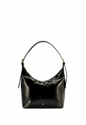 Czarna skórzana torba na ramię z zakrzywioną górną rączką, zamkiem błyskawicznym w kolorze złotym i małym złotym logo w dolnej części na środku.