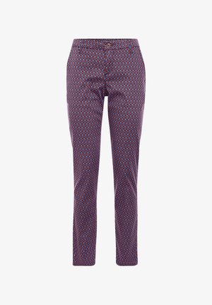 Pantalons à motifs présentant un design géométrique en rouge, bleu et blanc. Fabriqués à partir d'un tissu lisse avec une coupe ajustée et une taille standard.