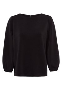 Blusa nera con scollo rotondo, maniche lunghe a sbuffo, tessuto morbido e dettagli con zip sul retro. Nessuna fantasia o accessorio visibile.