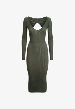 Vestito aderente a maniche lunghe in maglia a costine verde scuro. Presenta una profonda scollatura a V con un ritaglio incrociato sulla schiena. Tessuto strutturato e silhouette attillata.
