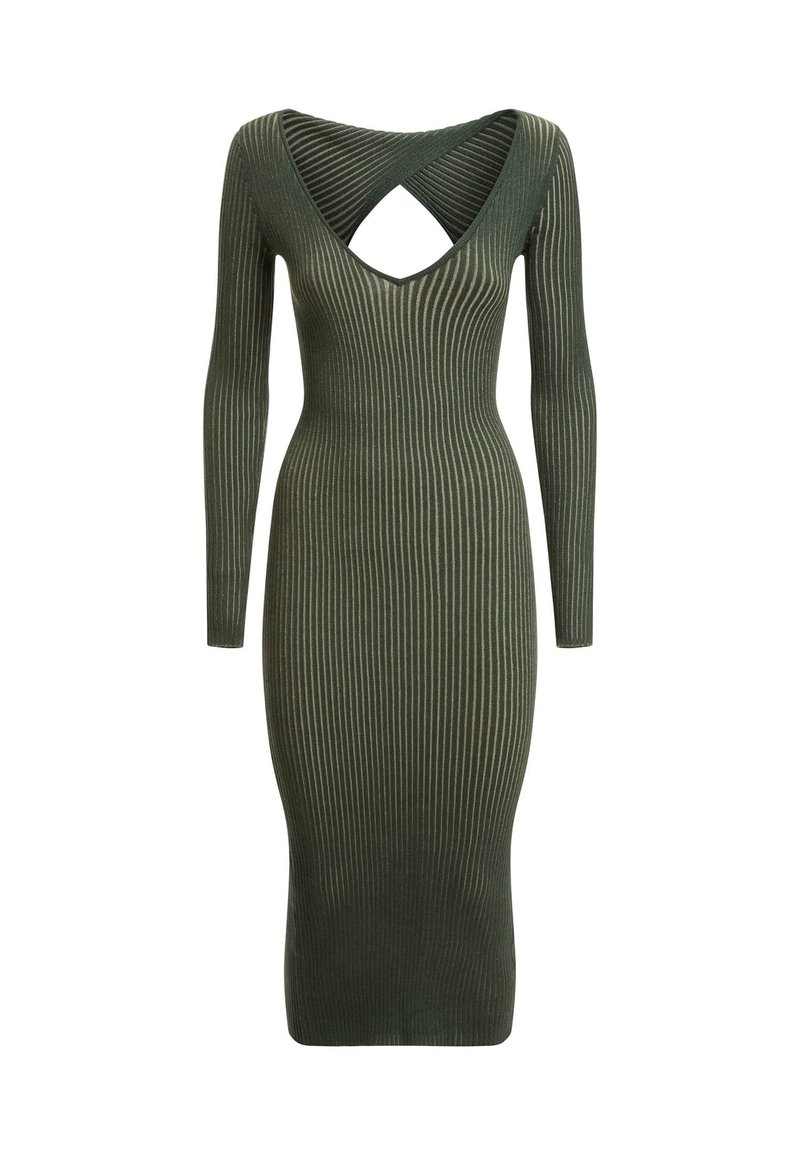 Robe moulante à manches longues en tricot côtelé vert foncé. Elle présente un décolleté en V profond avec une découpe croisée dans le dos. Texture côtelée et coupe près du corps.