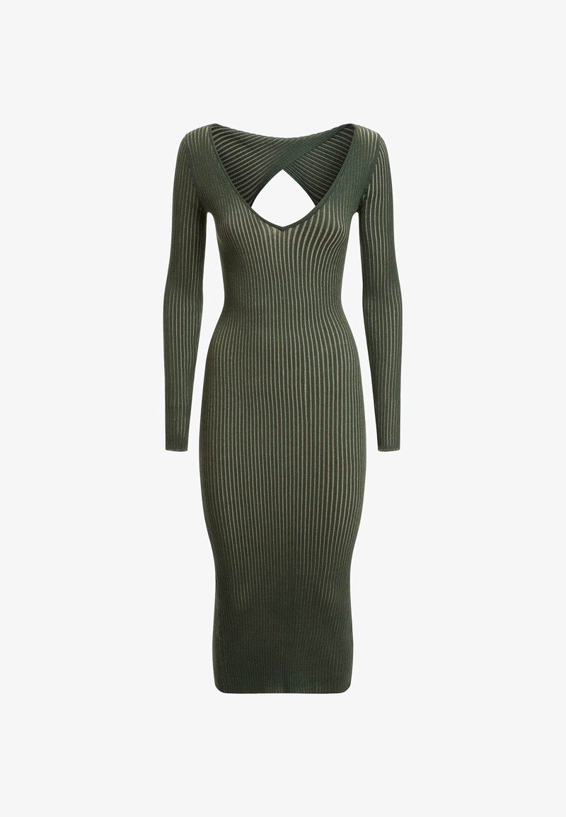 Robe moulante à manches longues en tricot côtelé vert foncé. Elle présente un décolleté en V profond avec une découpe croisée dans le dos. Texture côtelée et coupe près du corps.