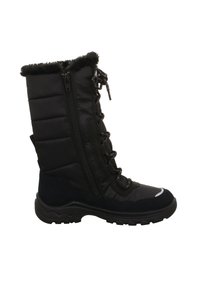 Černá voděodolná zimní bota s polstrovaným svrchním dílem, umělou kožešinou uvnitř, bočními zipy a silnou gumovou podrážkou. Obsahuje detaily lace a reflexní akcenty.