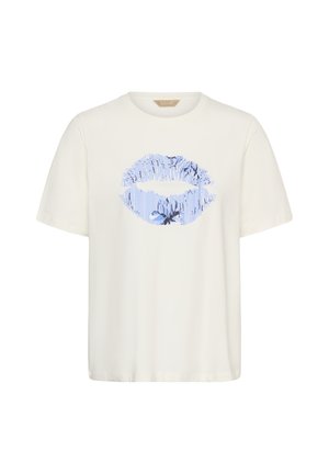 Tricou alb din bumbac cu mâneci scurte, având o grafică albastră cu buze și elemente florale, pe un fundal cu dungi verticale.