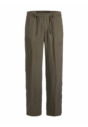 Olive roheline sirge säärega püksid elastse vöökohaga ja nööriga, valmistatud kergest tekstuurse kangaga.