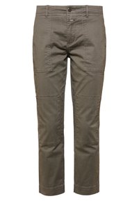 Pantalons cargo kaki avec une coupe droite, fabriqués en tissu coton durable, dotés de plusieurs poches et de renforts aux genoux.