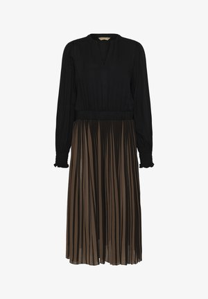 Schwarzes Langarmkleid mit einem plissierten braunen Rock. Verfügt über einen V-Ausschnitt und einen elastischen Bund. Glatte Textur oben, transparent unten.