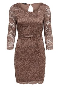 Robe en dentelle marron à manches trois-quarts, motif floral, et dos ajouré. Présente une silhouette ajustée et un ourlet festonné.