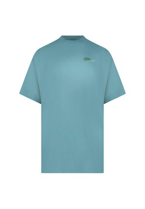 Lichtblauw T-shirt met korte mouwen, een klein groen bladerenlogo en de tekst "Cars Jeans" op de linkerbovenborst.