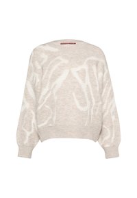Helles, beigefarbenes, kurzes Sweatshirt aus weichem Strickmaterial mit abstrakten weißen Mustern, rundem Ausschnitt und lässigen Ballonärmeln.
