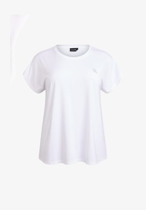 T-shirt blanc à manches courtes en tissu doux, avec un col rond et un détail discret de logo sur le côté gauche de la poitrine.