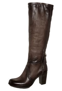 Bruna läderknähöga stövlar med rund tå, klack i blockstil, sidokjol och elastisk panel upptill för flexibilitet.