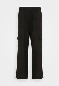 Pantalons cargo noirs avec une coupe décontractée, fabriqués en tissu léger, dotés de deux poches latérales et d'une taille élastique avec cordon de serrage.