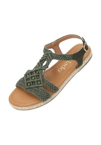 Sandalo intrecciato verde con decorazioni di perline, soletta color sabbia e suola in stile espadrillas intrecciata. Chiusura con fibbia sulla cinghia alla caviglia.