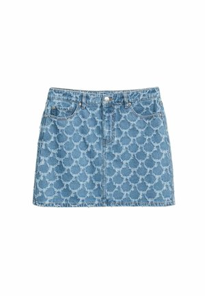 Denim minirok met knoopsluiting aan de voorkant en ritssluiting, met een gestructureerd circulair scallop-patroon over het hele oppervlak.