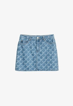 Jeans-Minirock mit vorderer Knopfleiste und Reißverschluss, durchgehend mit einem strukturierten, kreisförmigen Muschelmuster versehen.