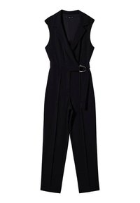 Black sleeveless jumpsuit with a wrap design, belted waist, and straight-leg cut. Made of fabric with a smooth texture.