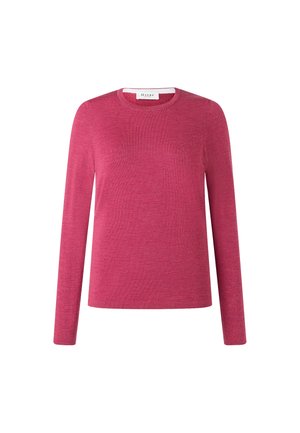 Maglione a maniche lunghe con collo rotondo di un ricco colore rosa, caratterizzato da una superficie liscia e un design semplice, realizzato in morbido materiale a maglia.