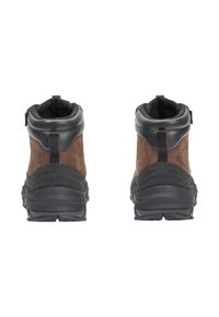 Bottes de randonnée imperméables marron avec des accents noirs, un col rembourré, une surface texturée, et une semelle en caoutchouc robuste pour une meilleure traction.