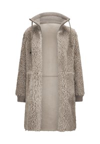 Langer beiger Kunstfellmantel mit gerippten Bündchen, Reißverschlusskragen und Kordelzügen, offener Vorderseite, die das glatte Innenfutter zeigt.