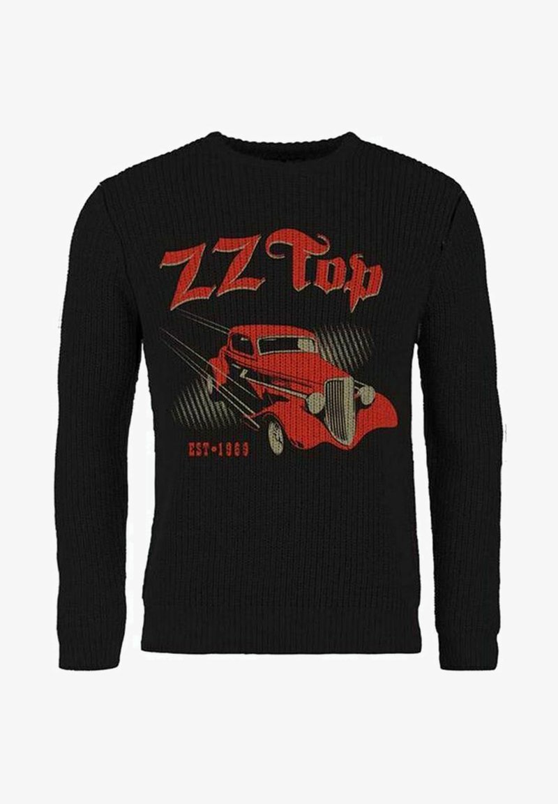 Maglione nero lavorato a maglia con una grafica di un'auto vintage rossa, con testo "ZZ Top" e "EST. 1969" in carattere rosso in grassetto.