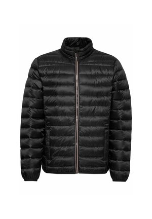 Juodas pūkinis paltas su aukštu apykaklės, su vertikaliai siuvinėtomis sekcijomis, elastingais rankogaliais ir priekiniais užtrauktukais.