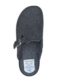 Gray felt slipper with a rounded toe, adjustable strap, and rubber sole. Includes a label with "Fly Flot" and care instructions.