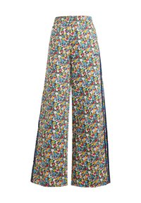 Pantaloni larghi floreali con un vivace mix di fiori gialli, rossi e blu su uno sfondo blu scuro. Vita elasticizzata, tessuto leggero.