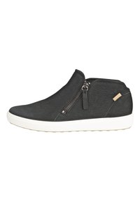 Stivali alla caviglia in pelle nera con cerniera laterale, superficie testurizzata e suola in gomma bianca per una buona aderenza. Design minimalista con branding sottile.