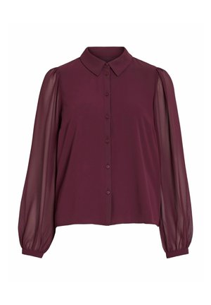 Burgundy button-up blouse with a classic collar. Sheer long sleeves, gathered at the cuffs, and a smooth, soft fabric texture.
