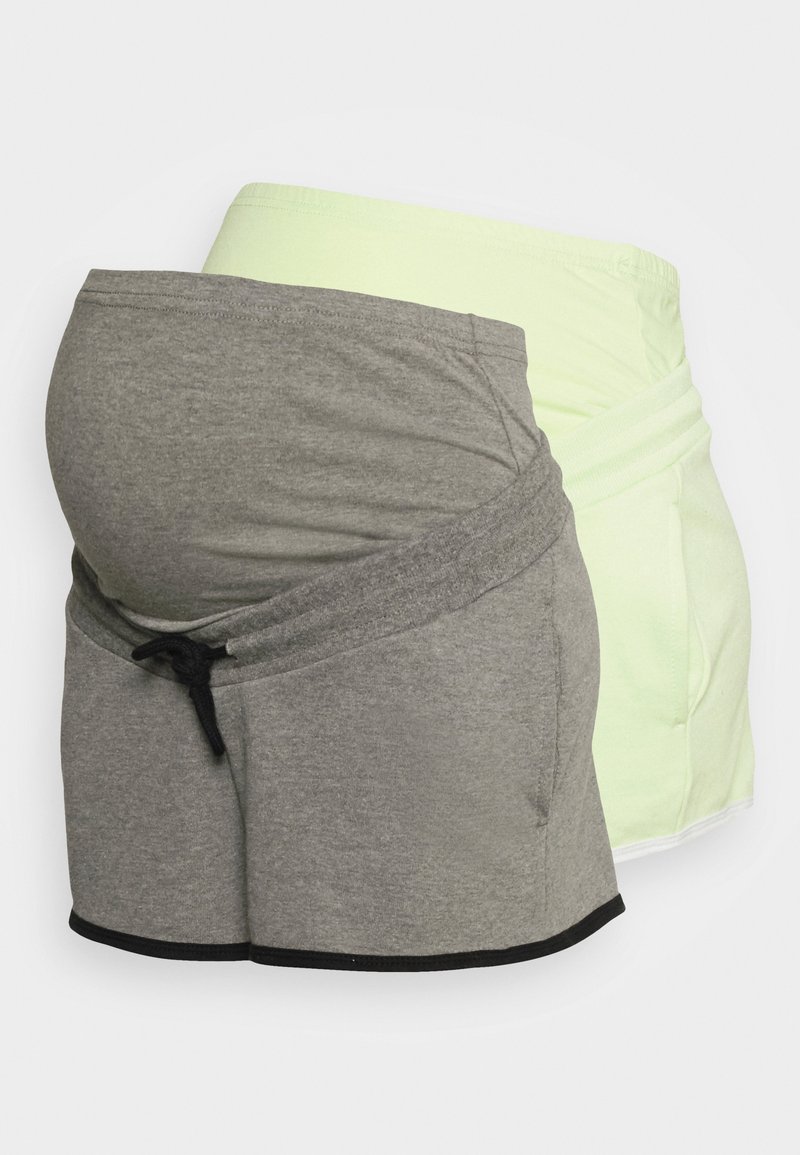 Dois pares de calções de maternidade: um cinza com cordão e acabamentos pretos, o outro verde claro com uma cintura suave.