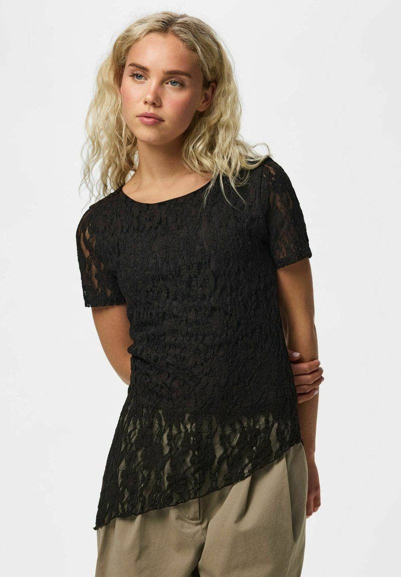 Pieces T-SHIRT PCARIANA ASYMMETRIC LACE - Blouse - black