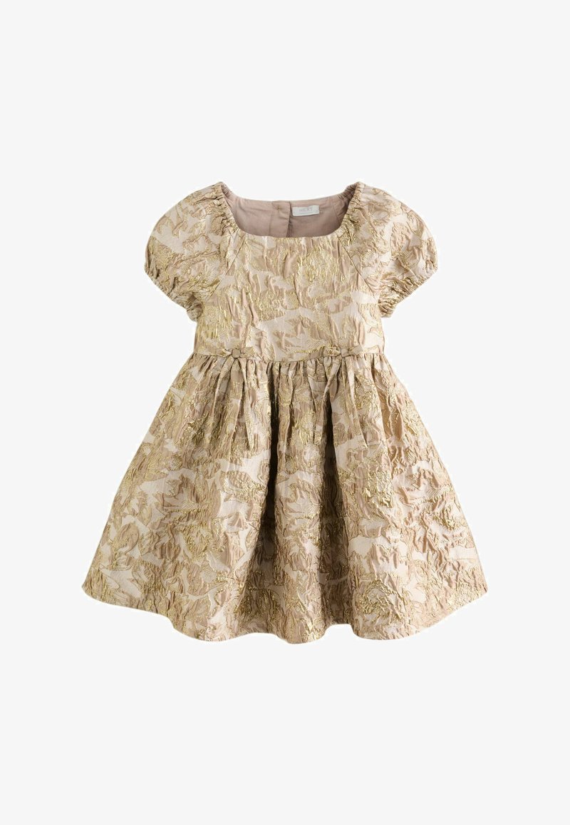 Mädchen-Kurzarmkleid mit geraffter Taille, goldfarbenem Blumenbrokatstoff und rundem Ausschnitt in hellrosa und goldenen Tönen.