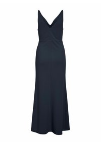 Robe longue noire sans manches avec un décolleté en V profond et une taille cintrée, s'évasant légèrement vers l'ourlet.