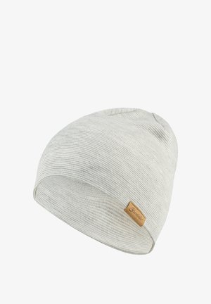 Light gray knitted beanie with fine horizontal ribbing and a small brown tag labeled "Sierra."