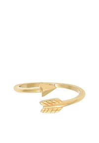 Goldfarbener, pfeilförmiger Ring mit einer spitzen Pfeilspitze und einem befiederten Pfeilschwanz, mit einer glatten, polierten Oberfläche.