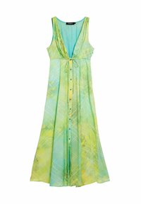 Abito senza maniche verde e giallo a fantasia con scollo a V, dettaglio con laccio in vita e chiusura con bottoni, realizzato in tessuto leggero.