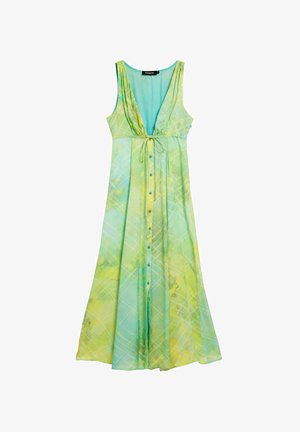 Abito senza maniche verde e giallo a fantasia con scollo a V, dettaglio con laccio in vita e chiusura con bottoni, realizzato in tessuto leggero.