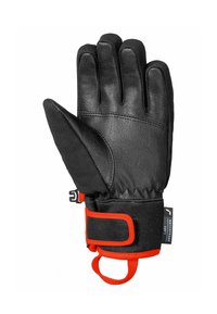 Schwarzer Lederhandschuh mit Stoffakzenten, rotem Riemen und verstellbarem Handgelenkverschluss. Verfügt über eine strukturierte Handfläche für verbesserten Grip.