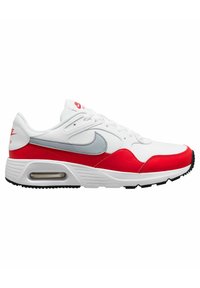 Sneaker Nike Air Max di colore bianco con accenti rossi e grigi. Presenta un pannello laterale in pelle rossa testurizzata, ammortizzazione ad aria e una suola in gomma nera.