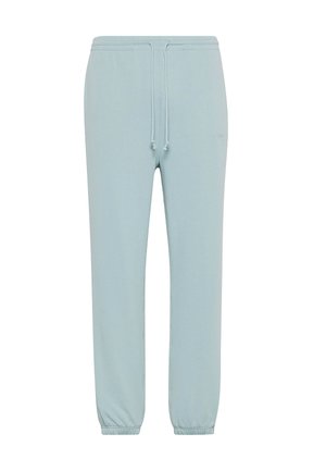 Pantalon de jogging bleu clair en tissu doux. Dispose d'une taille élastique avec cordons de serrage et de poignets aux chevilles. Branding minimal.