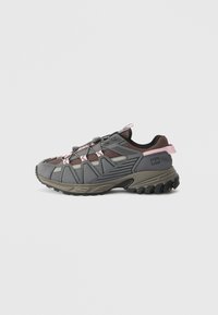 Gray and taupe hiking shoes with pink accents, featuring a textured upper, reinforced toe, and a rugged sole for traction.