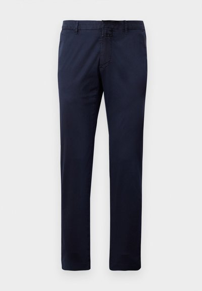 Pantalon droit bleu marine avec passants de ceinture, fermeture à bouton devant et poches latérales, présenté sur un fond blanc.
