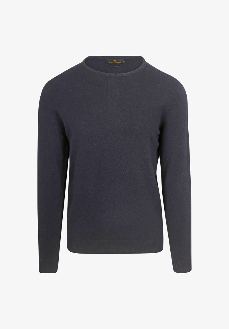 Dunkelblaues Sweatshirt aus feinem Strickstoff, mit Rundhalsausschnitt und langen Ärmeln, einer taillierten Saumlinie und minimaler Textur.