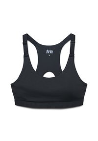 Reggiseno sportivo nero con design a schienalino, realizzato in tessuto liscio. Presenta spalline regolabili e un'apertura a chiave sul retro.