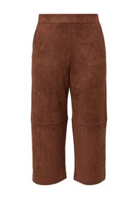 Bruine, cropped pants gemaakt van een zachte, suède-achtige stof. Heeft een gladde textuur met een eenvoudig ontwerp en zonder zichtbare hardware of versieringen.