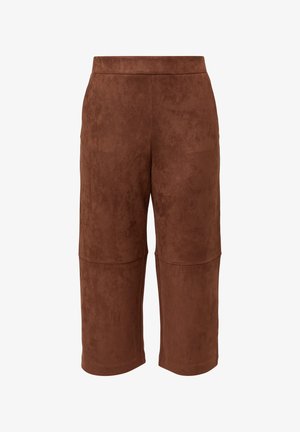Braune, cropped Hosen aus weichem, wildlederähnlichem Stoff. Sie verfügen über eine glatte Textur mit einem schlichten Design und ohne sichtbare Beschläge oder Verzierungen.
