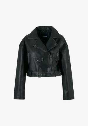 Black cropped faux leather biker jacket with asymmetrical zipper, wide collar, snap button pocket, and belted waist.