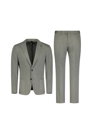 Graues Anzugset mit einem Blazer, der zwei Fronttaschen und einen Reverskragen hat, kombiniert mit passgenauen, maßgeschneiderten Hosen, strukturiertem Stoff und subtiler Schimmer.