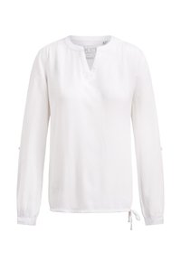 Langärmlige weiße Bluse mit runder, gesplitteter Ausschnittlinie, gerafften Schultern, geknöpften Manschetten und einem seitlichen Bindeband am Saum.